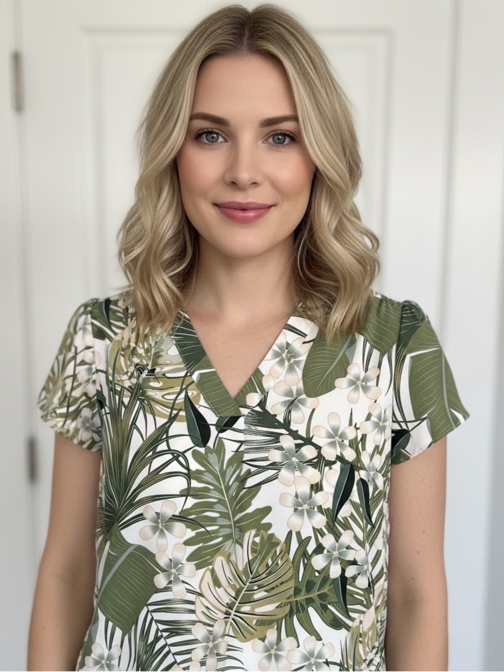 Hilary Radley Olive Green and White Tropical V-Neck Short Sleeve Blouse